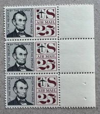 US Stamp Scott C59 airmail 25c 1960 Lincoln strip of 3 M/NH Super fresh