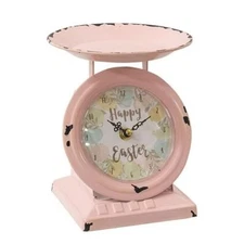 NEW Farmhouse Happy EASTER SCALE CLOCK Pink Chippy Metal Cottage 7" T Egg Print