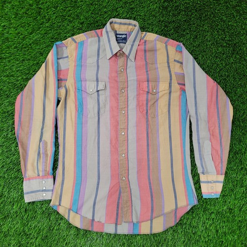 Vintage Wrangler Cowboy-Cut Shirt Medium 15.5 22x31 Vertical-Stripes Pearl-Snap