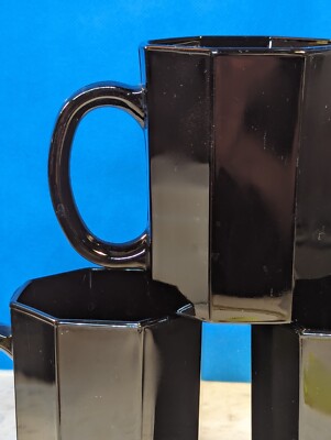 80's Set 3 Mugs Arcoroc France Black Glass Octagon OCTIME Mug Cup