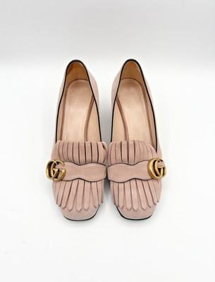 Gucci Pink Suede Fringe Marmont GG Logo Block Heel Low Heel Pumps Size EU 37