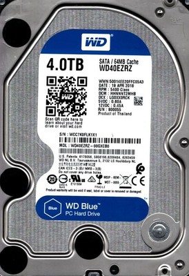 WD40EZRZ-00GXCB0 S/N:WCC7K DCM:HHNNNT2MHB WESTERN DIGITAL 4TB THAILAND APR 2018