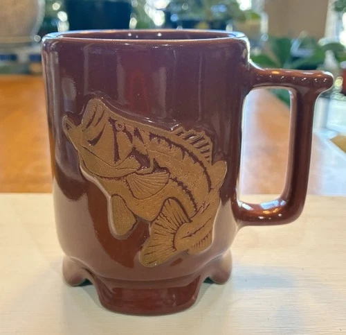 Vintage Frankoma Pottery Mug C1 Bass Fish Relief Design Maroon Red Glaze USA