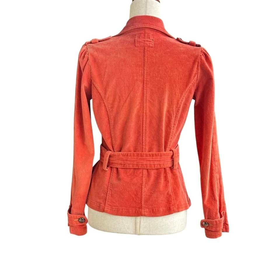 Chaqueta de Pana Tul by Anthropologie Coral Naranja Cinturón Abrigo Militar XS Foto 3 de 4
