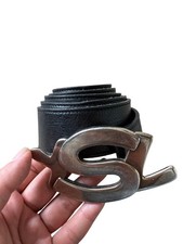 Vintage Yves Saint Laurent LARGE YSL Logo Silver Buckle Black Leather Belt BB4