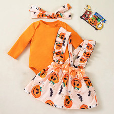 Pumpkin Infant Girl Halloween Dress Long Sleeves Orange Bodysuit Suspender Skirt