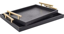 Modern Elegant Large Wood Serving Tray, Set of 2 Black Crocodile Leather with...