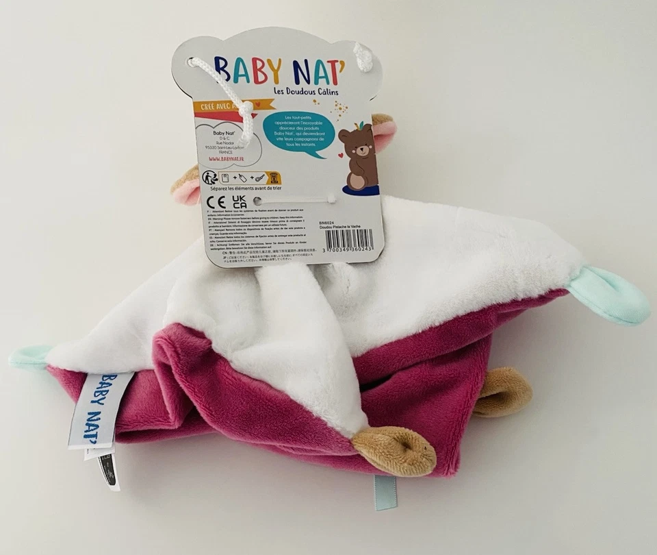 4590🌟Doudou Plat Mouchoir BABY NAT' Babynat Vache Cow Blanc Rose Pistache - Photo 3/3