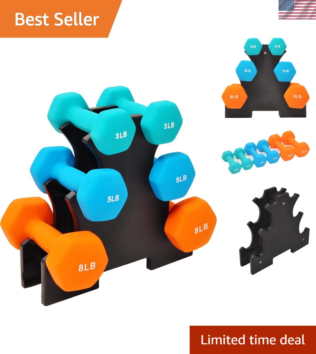 Mancuernas de Neopreno Coloridas con Estante: Juego de 6 Piezas, Sin Enrollar, Diseño Antideslizante