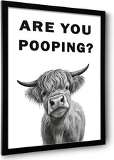 Funny Bathroom Wall Art   Are You Pooping Black and White Highland Cow Canvas...