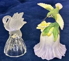 Pair Of Vintage Bird Dinner Bells - Glass Swan & Avon Porcelain Hummingbird