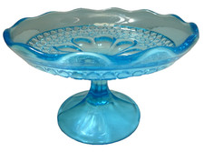 VINTAGE BLUE ORNATE PRESSED GLASS COMPORT PEDESTAL CAKE STAND