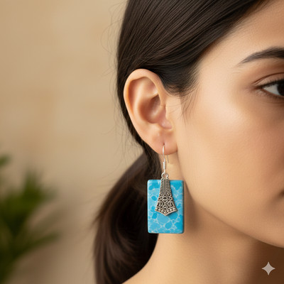 Caribbean Larimar Vintage Earrings - 2'' Handcrafted 925 Sterling Silver v331