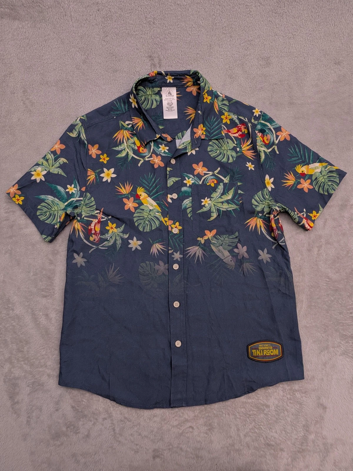 Disney Shirt Mens Small Blue Enchanted Tiki Room Hawaiian Short Sleeve Button Up