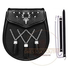 Scottish kilt Sporran Real Leather With Stage Head badge Sporran chain Strap