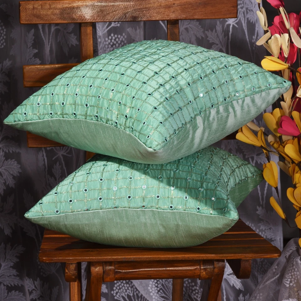 Throw pillows for couch living room green cushion covers embroidered pillows 2pc - Image 4 of 4