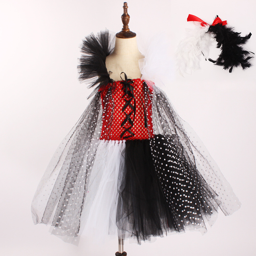 Niños Cruella de Vil Disfraz de Cosplay Cruella Vestido Manchado Niñas Conjunto