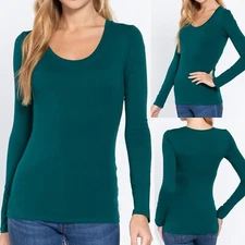 Womens Scoop Neck Cotton Long Sleeve T-Shirt Plain Stretch Fitted Layering