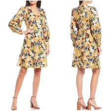 Calvin Klein Balloon-Sleeve Floral-print Dress - Ochre Multi Size 4