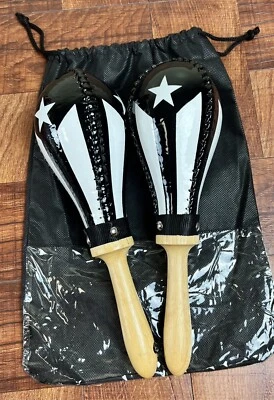 5d2 Large Rawhide Maracas. Puerto Rico Black Flag Design