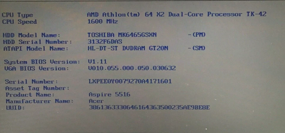 Acer Aspire 5516 Laptop AMD Athlon 64 X2 ATI 3GB RAM 640GB HDD Boots/Bios H2951 - Image 3 of 4