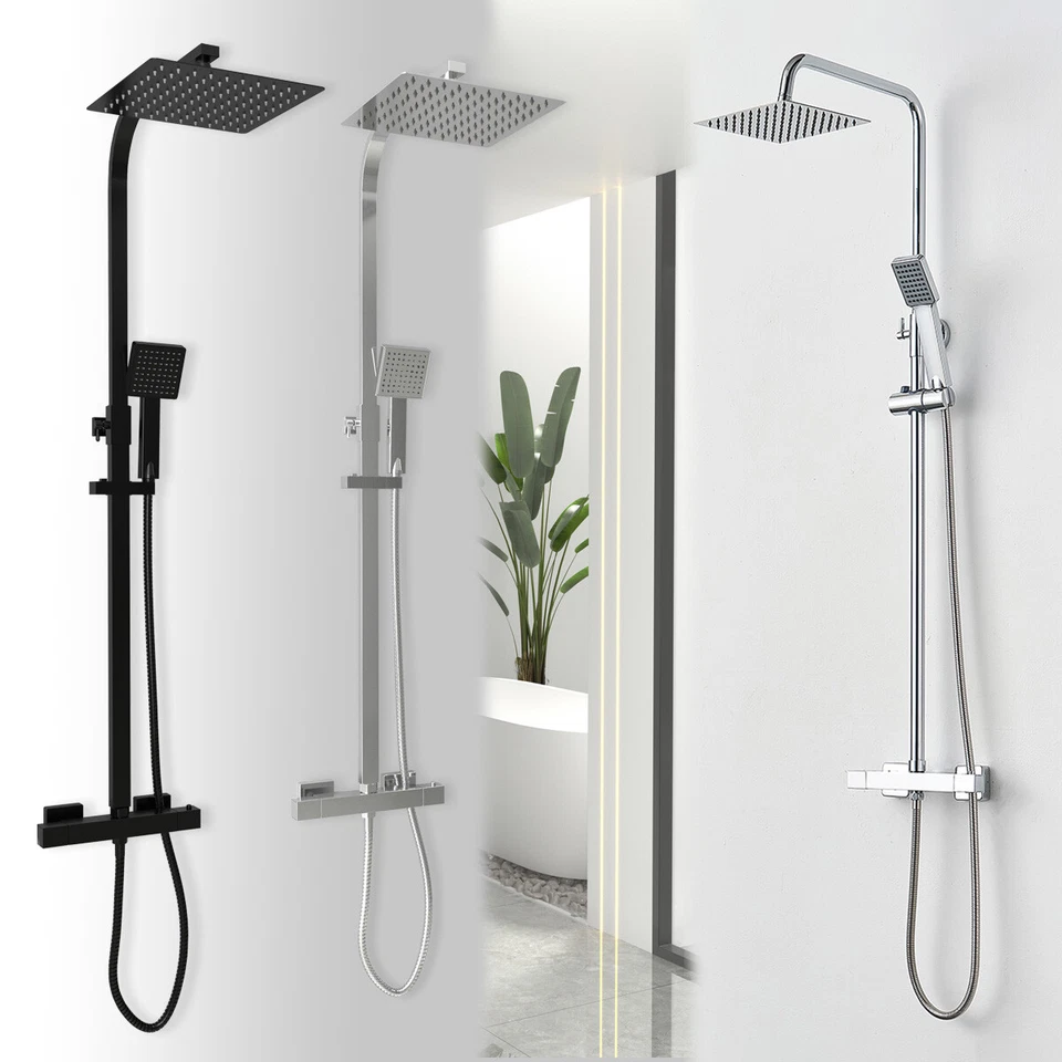 Bathroom Thermostatic Shower Mixer Square Exposed Twin Head Shower Set
