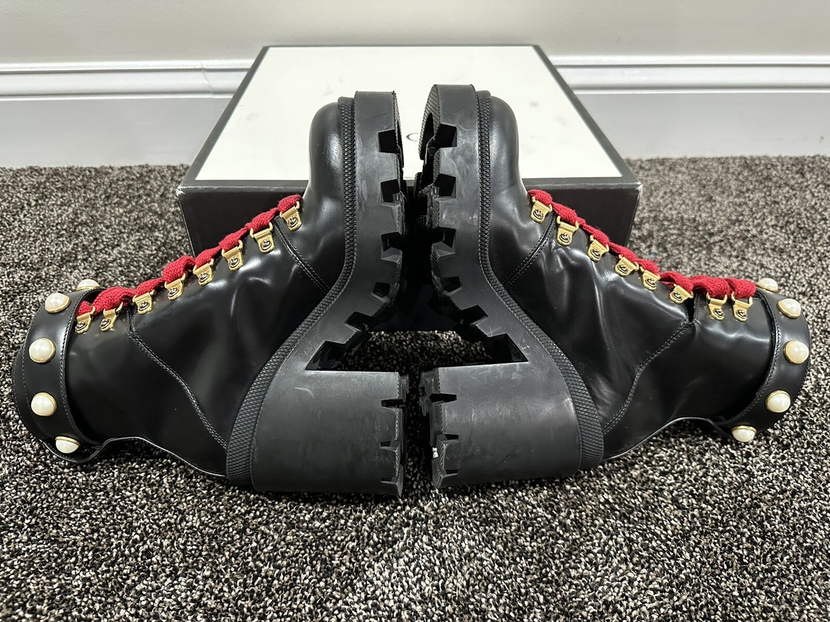 Gucci Magnum Calfskin Pearl Lace Up Combat Ankle Black Boots Gucci Magnum Calfskin Pearl Lace Up Combat Ankle Black Boots