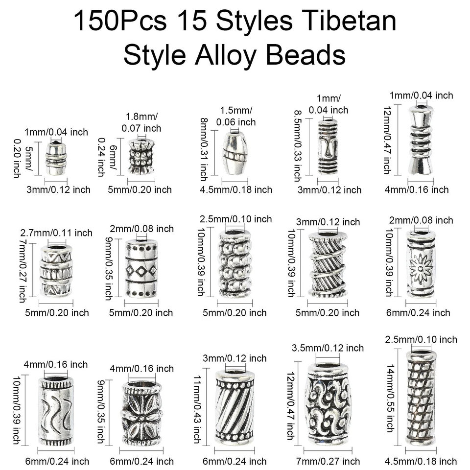 150pcs Column Spacer Beads Tibetan Antique Silver Tube Beads DIY Craft Beads - Image 2 of 4