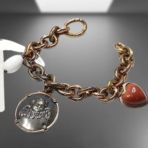 Autentica Bottega Veneta Catena Bracciale Borsa Charm Ottone Marrone Oro Angelo Cuore