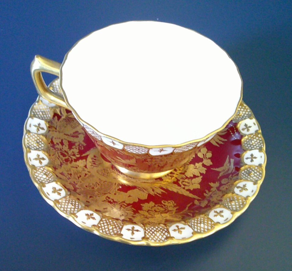 Royal Crown Derby Heraldic Maroon Aves Birds of Paradise Cup & Saucer ...