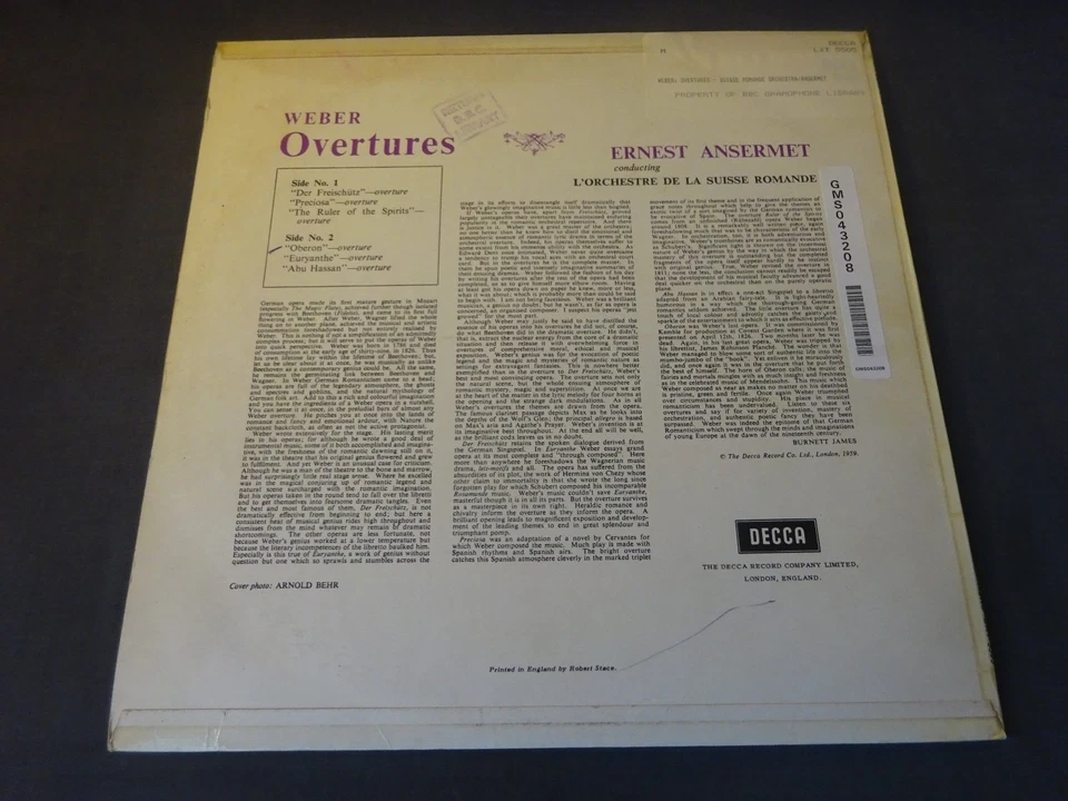 WEBER - OVERTURES LP, Suisse Romande, Ansermet, DECCA LXT 5505 - Image 2 of 4