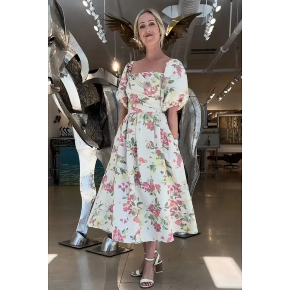 Vestido Shoshanna Midnight Zarah Floral Midi Crema Hombro Descubierto Mezcla de Lino Talla 4 Foto 4 de 4