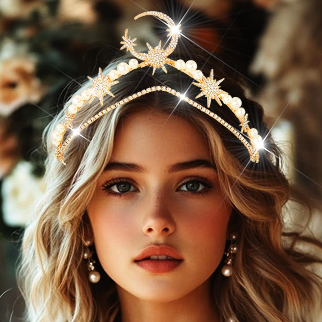 Moon Crown Headpiece Goddess Star Tiara Headband Gold  display picture 3