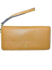 Tory Burch Blake Slim Cortado Brown pink Leather Wallet Card Gold Logo Wristlet