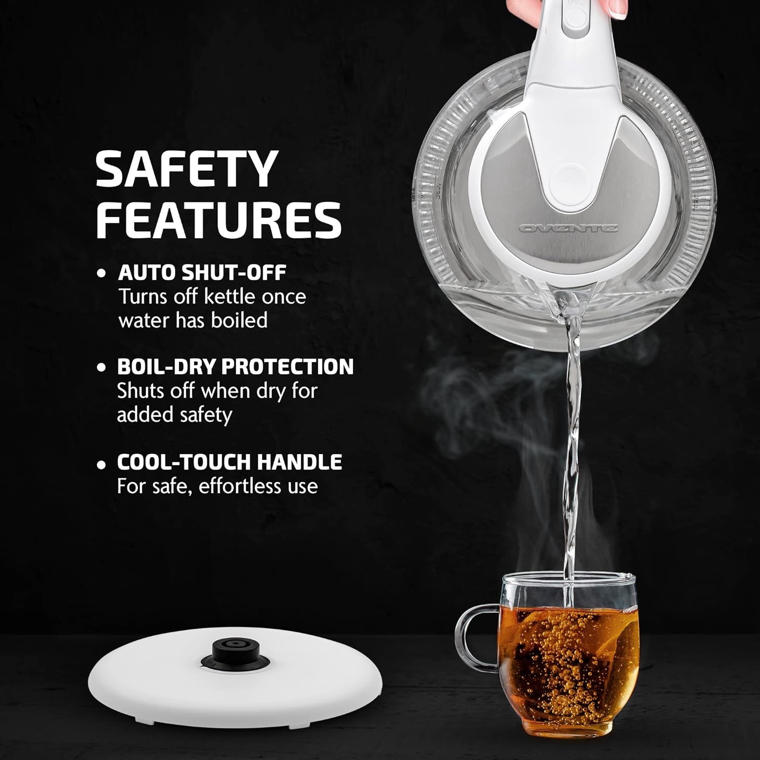 OVENTE 1.5L Glass Electric Kettle with Blue LED Light, 1100W Lighted White 