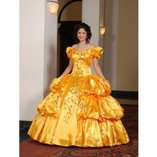 Gold Victorian Princess Evening Gown Puffy Strapless Satin Corset Medieval Gowns