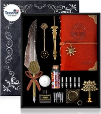 Feather Dip Pen and Ink Set,Quill Pen Ink Set,Antique Calligraphy Pen with 5 Rep