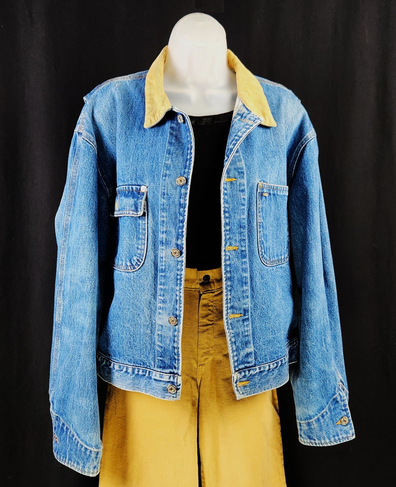 VTG Polo Ralph Lauren Mens Blue Dungarees Denim Jacket Trucker Corduroy Collar L