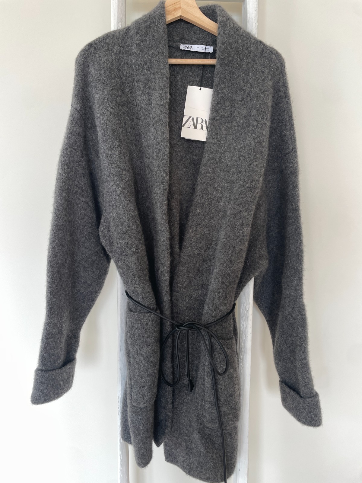 NEW ZARA GREY WOOL KNIT COAT WITH BELT SIZE L RARE image 4