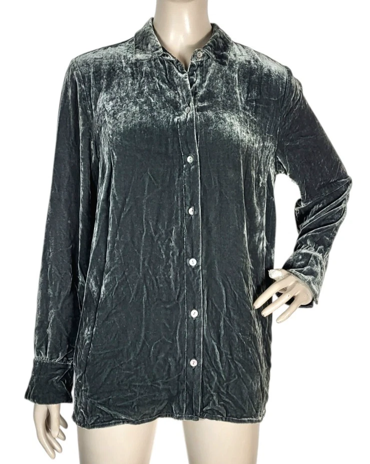 Blusa vintage años 90 J. Jill gris terciopelo aplastado seda rayón abotonada talla pequeña Foto 3 de 4