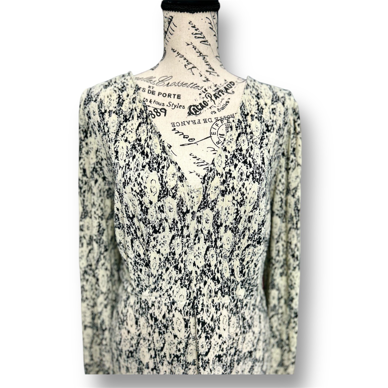 MNG Mango 8 Cream Black Floral Crepe Midi Dress Long Sleeve Boho Cottagecore thumbnail 3