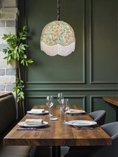 Image of William Morris sage orchid buttercup table lampshades ceiling lights floor lamps