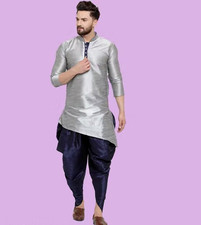 Men Kurta Pajama Set, Long Sleeve Silk Kurta, Indian Traditional Shirt Grey