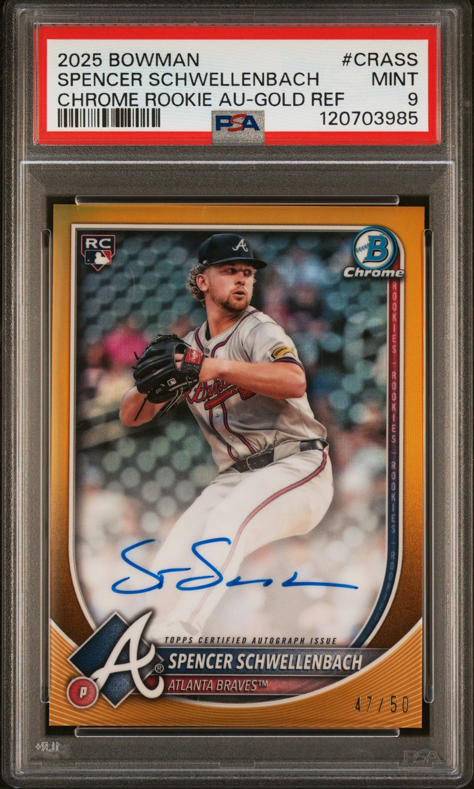 2025 Bowman Chrome Rookie Auto #CRASS Spencer Schwellenbach Gold Ref /50 PSA 9