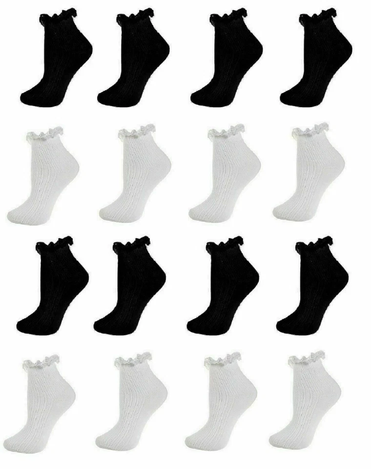 3,6 Pairs Black White Girls Frilly Lace Ankle TRAINER Socks Size age 2-12 years