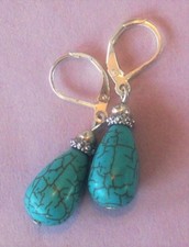 Blue TURQUOISE HOWLITE copper vein TEARDROP SP earring handcrafted X2