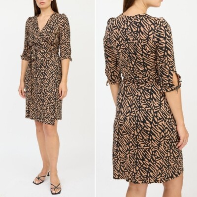 Diane Von Furstenberg Silk Wrap Dress TigerLily Brown Black Printed Boho Size 4