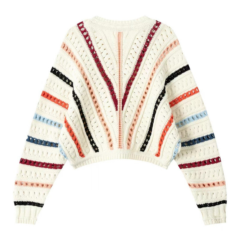 Donna Strisce Colorate Maglione Maglia Uncinetto Traforato Maniche