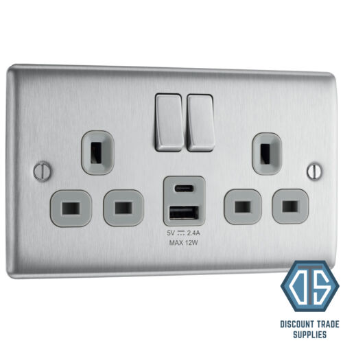 BG Nexus Brushed Steel Switches & Sockets Full Range Satin Chrome Grey Inserts - Picture 15 of 91