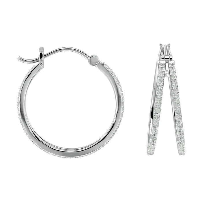 1 CARAT SPLIT DOUBLE WHITE DIAMOND HOOP EARRINGS IN STERLING SILVER 3/4 INCH Foto 3 de 4